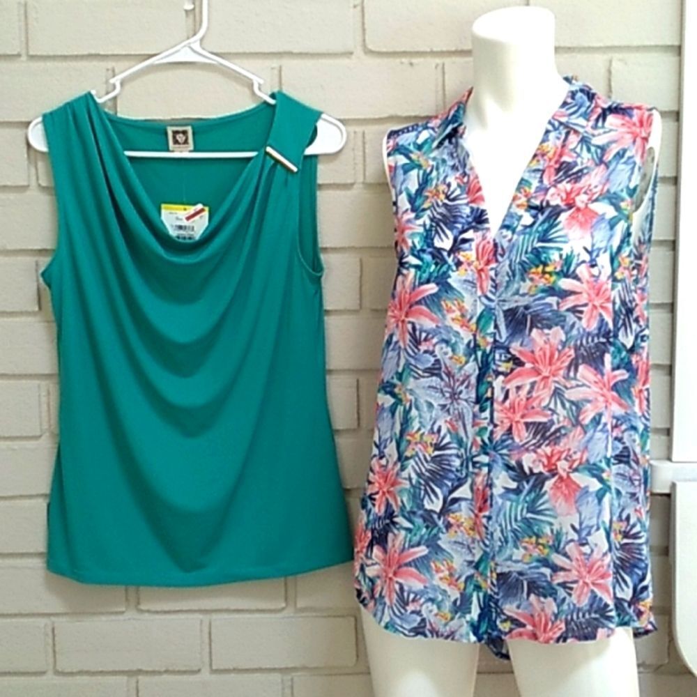 H&M Tropical Sleeveless Blouse & Anne Klein Aqua Blouse Bundle. Size Mediums